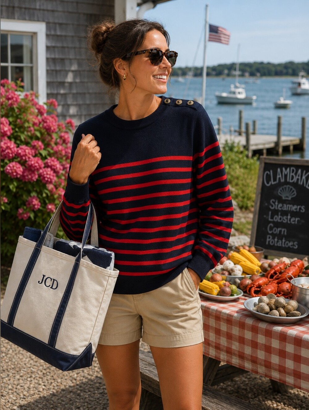 J. Crew 100% Cotton Slub Knit Sweater in Navy & Red Stripe Nautical Women's S